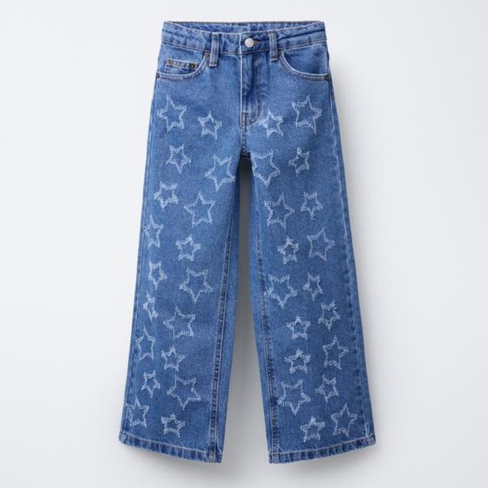 Zara Kids Girls Wide Leg Blue Wirh Stars Cotton Jeans Pants 11-12